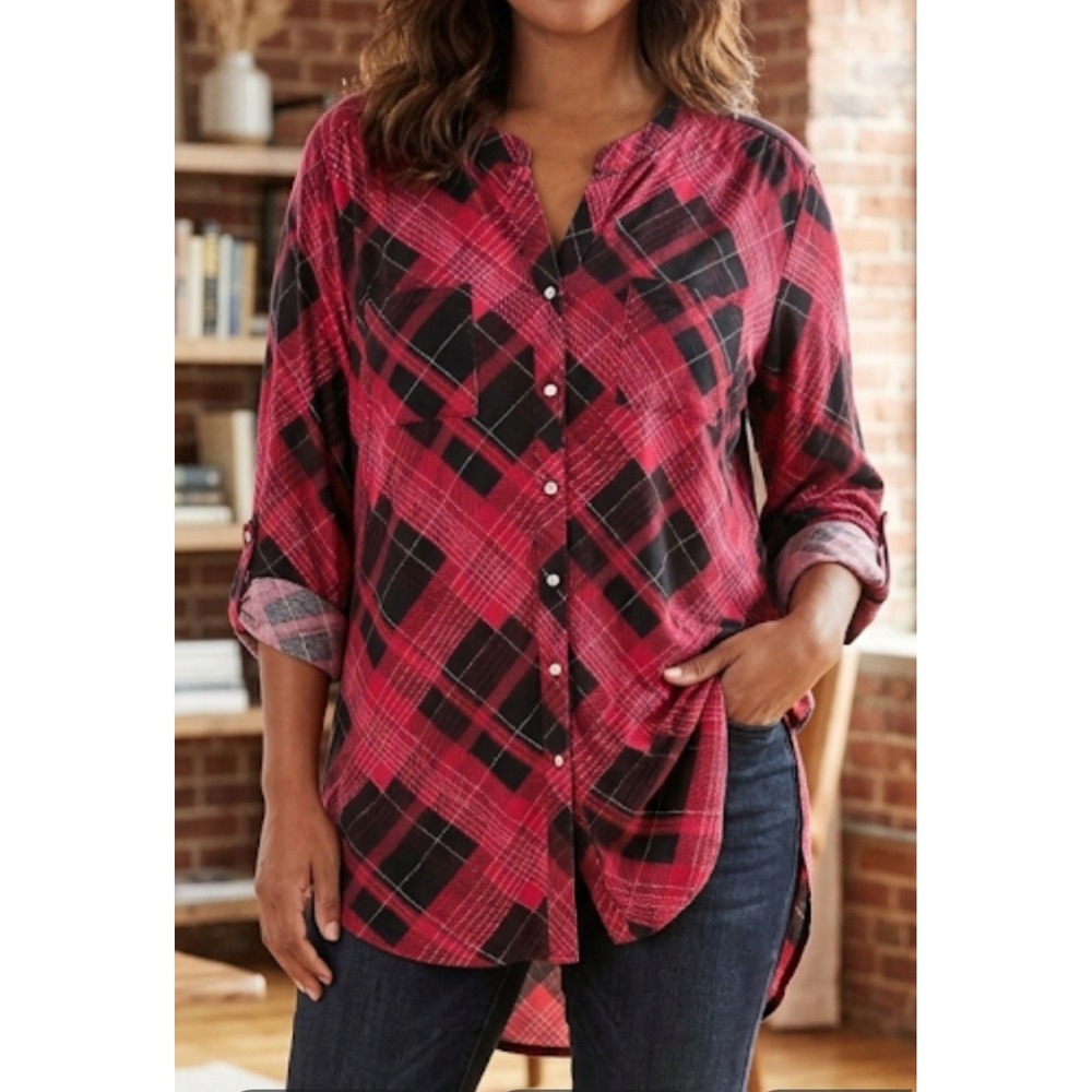 Ava & Grace Womens Red & Black Plaid Flannel Button-Up Shirt Plus 3X NWT